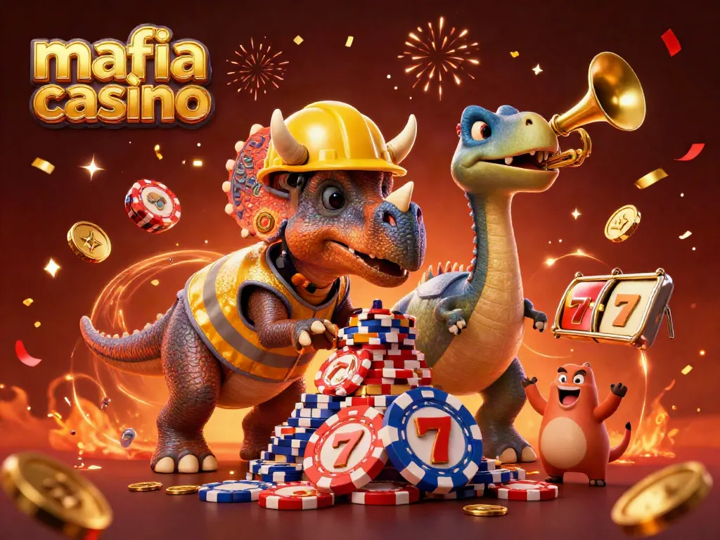 Increase your winnings at mafia casino with a 3D cartoon scene featuring a triceratops building poker chips.