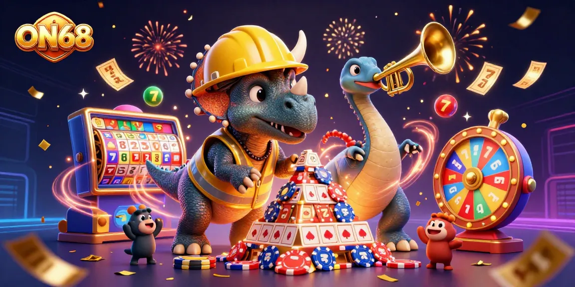 Join the excitement at ON68 with a triceratops building poker chip pyramids in this vibrant casino scene.