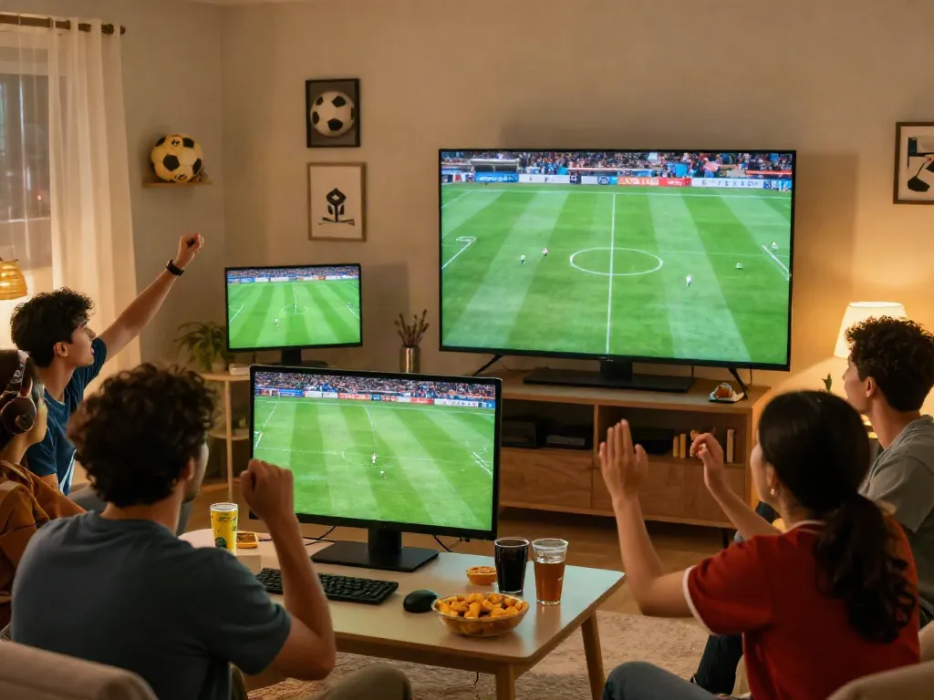 SOCOLIVE fans enjoying a thrilling live football match in a cozy living room atmosphere.