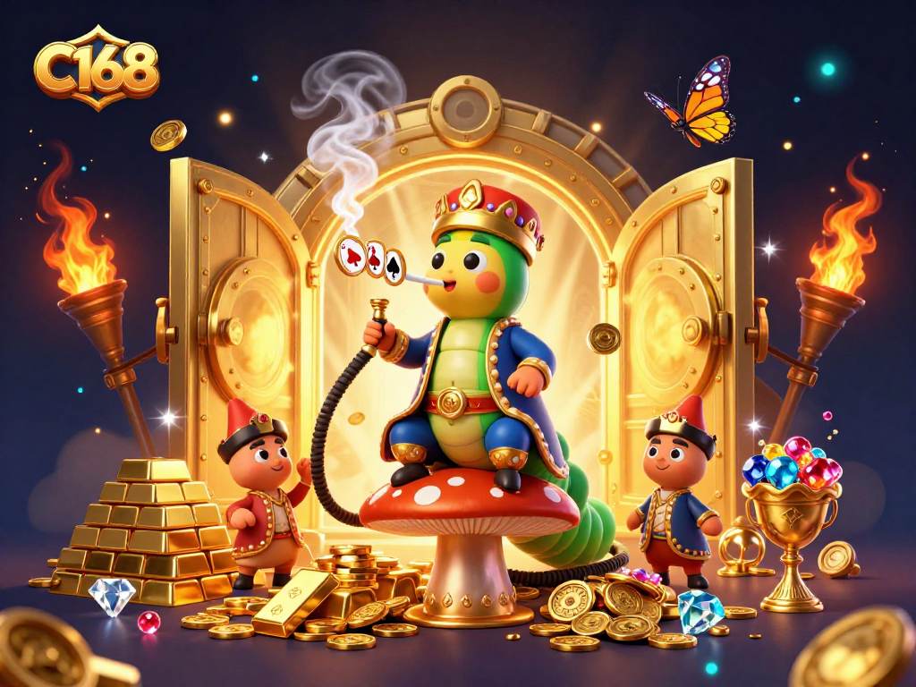 C168 showcases thrilling poker action with a hookah-master caterpillar and treasure in a vibrant casino scene.