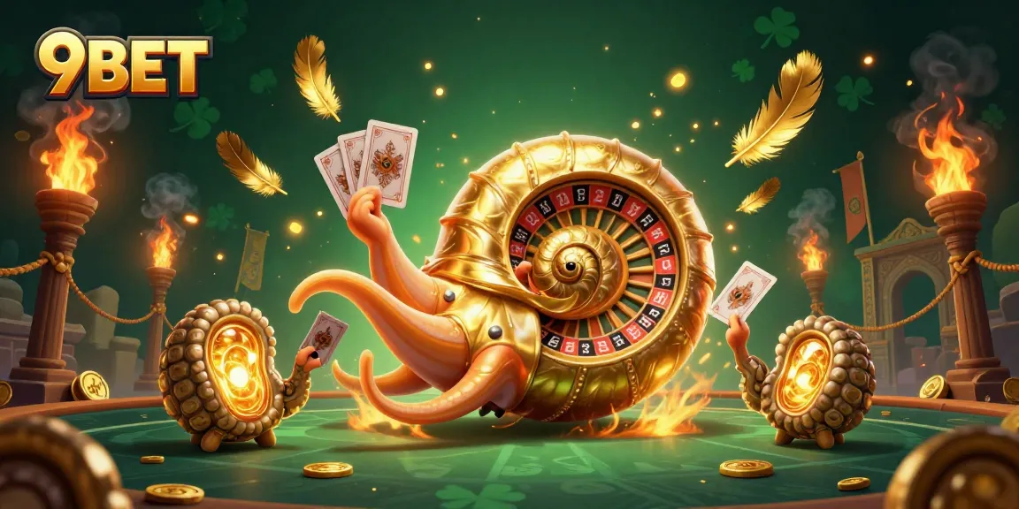 Engage with the thrilling world of 9BET featuring an ancient nautilus roulette wheel and vibrant game elements.