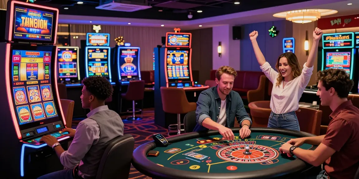 Scena coinvolgente in un casinò non AAMS con giocatori che festeggiano vittorie, girando le slot e un'atmosfera vivace.