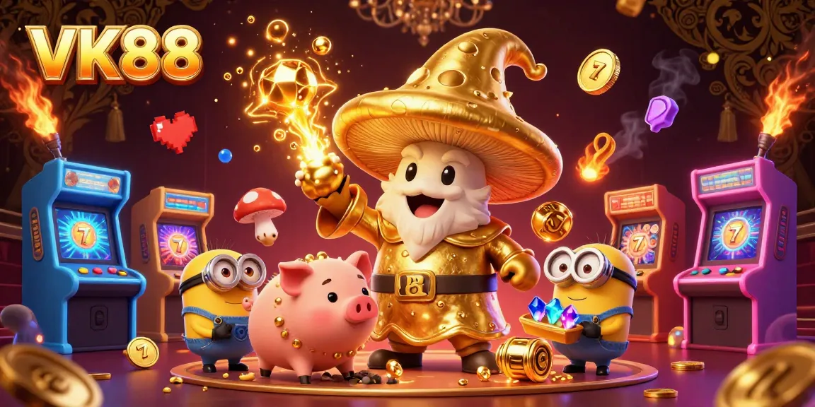 Engage with VK88 by spinning slot reels and activating the jackpot amidst a vibrant casino scene.