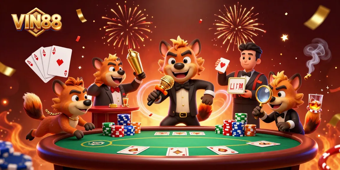 Experience VIN88 with lively hyenas in a comedy casino scene filled with poker and confetti.