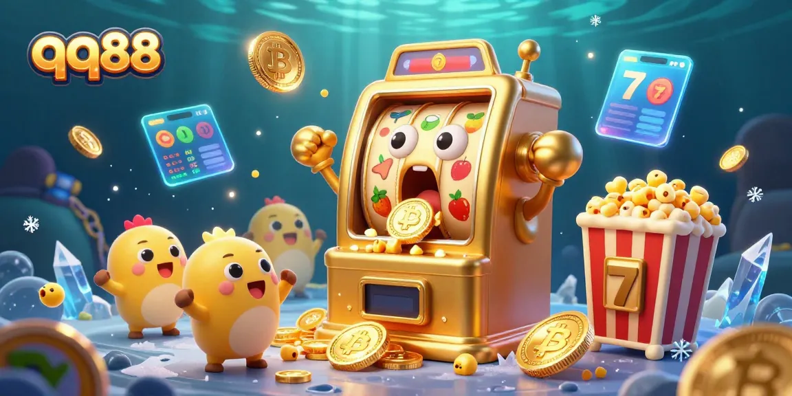 Experience thrilling jackpots at qq88 with cartoon slot machines celebrating wins amidst a vibrant casino scene.