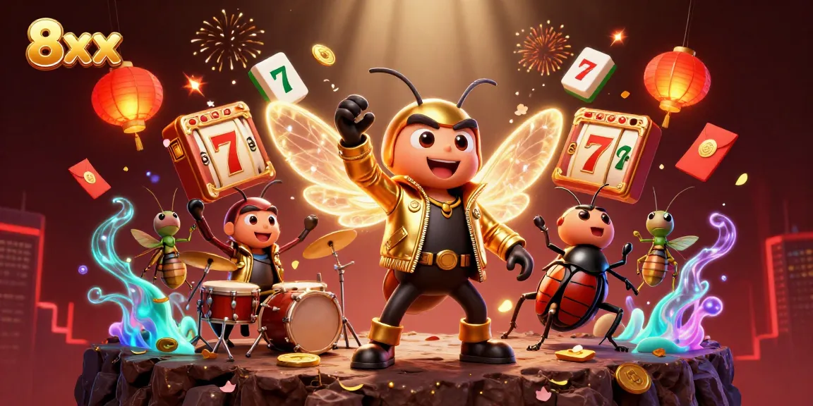 Engage with 8xx by celebrating wins at a vibrant online casino, featuring cartoon rock stars and festive elements.