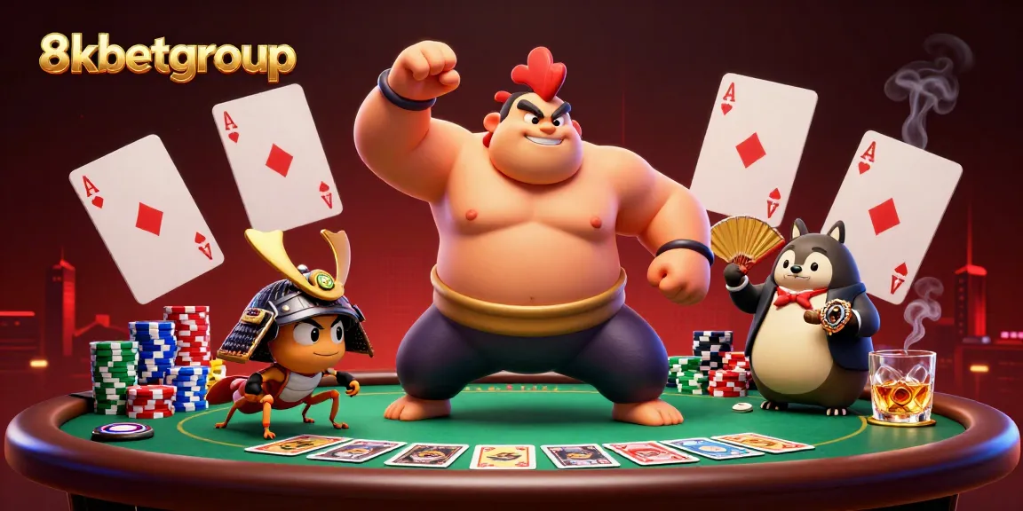 Engage with the thrilling world of 8kbetgroup featuring dynamic characters embracing poker action and excitement.