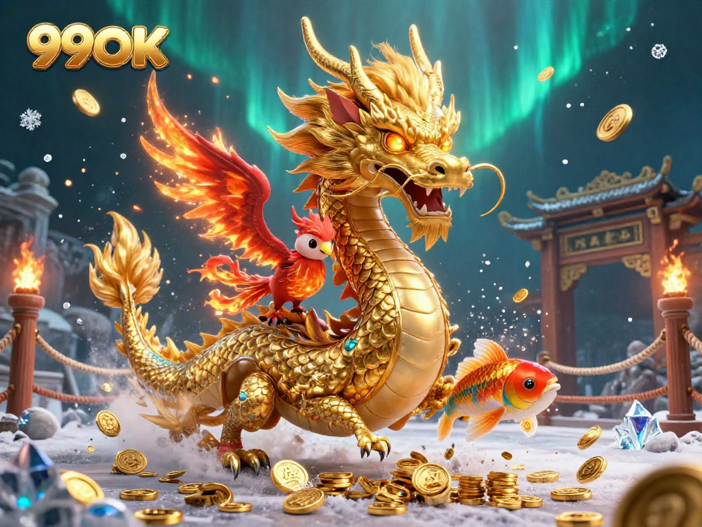 Engage with 99OK as the golden dragon, phoenix, and koi fish introduce thrilling casino dynamics.