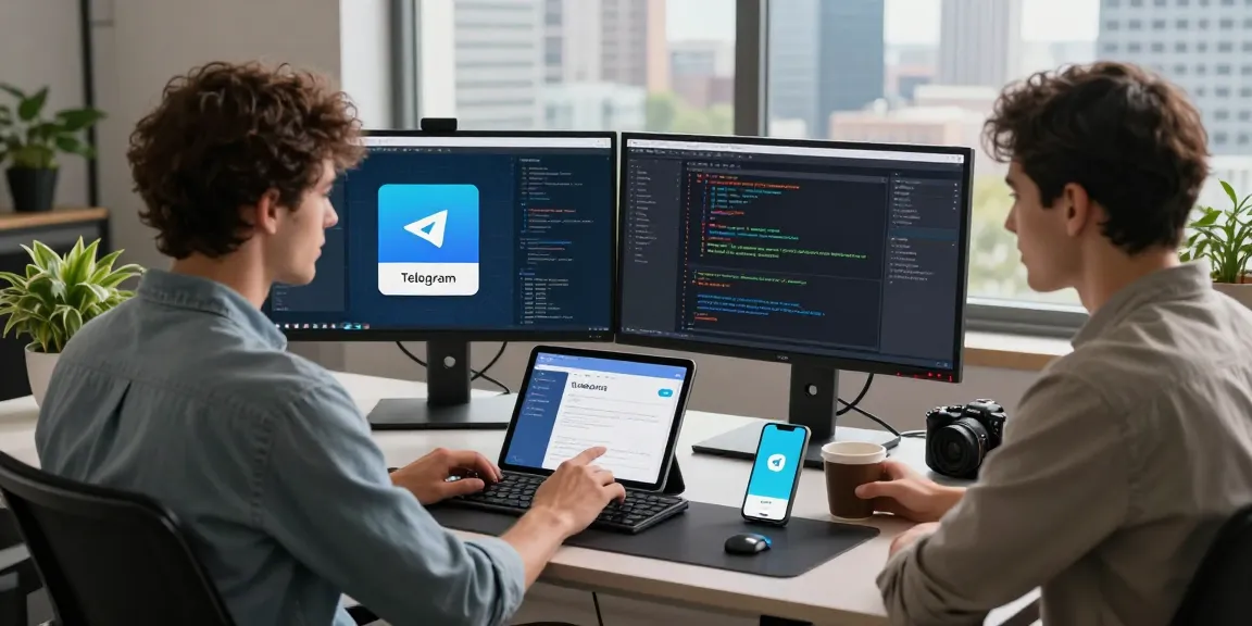 Download Telegram for seamless communication in a modern workspace environment featuring tech gadgets and a developer interacting with the app.