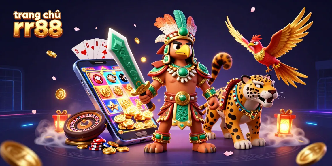 Experience the excitement on trang chủ rr88 with a bustling casino scene featuring dynamic slot games, golden coins, and vibrant characters.