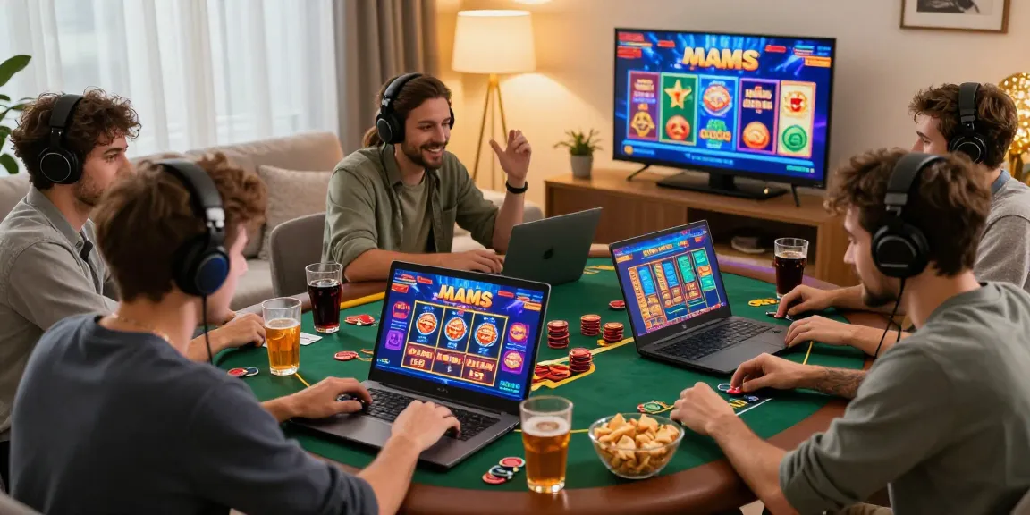 Giocatori che si divertono nei casinò non aams sicuri in un ambiente accogliente con amici, mostrando l'eccitazione vibrante del gioco online.