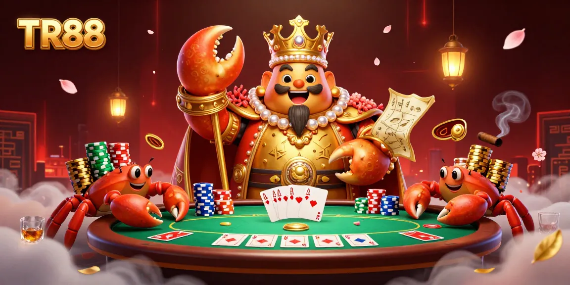 Experience excitement at TR88 with a golden crab emperor leading the poker scene, showcasing vibrant colors and luxury.