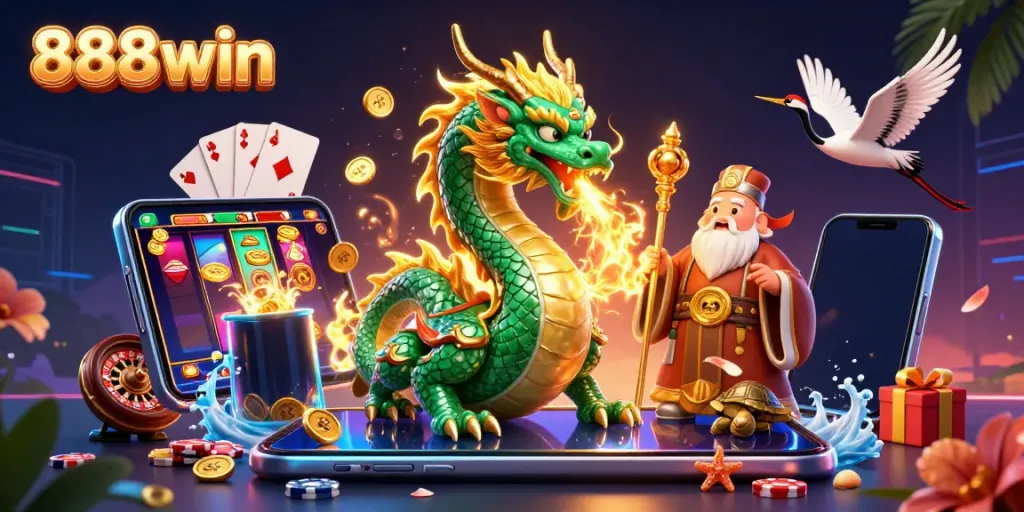 Experience the excitement of 888win with a jade dragon and a turtle sage amidst vibrant casino elements.