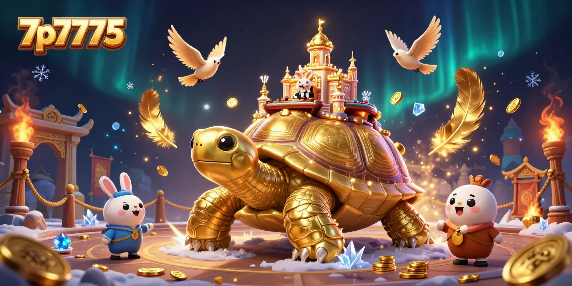 Engage with the 7p7775 gaming scene featuring a golden tortoise and rabbit dealer amidst casino excitement.