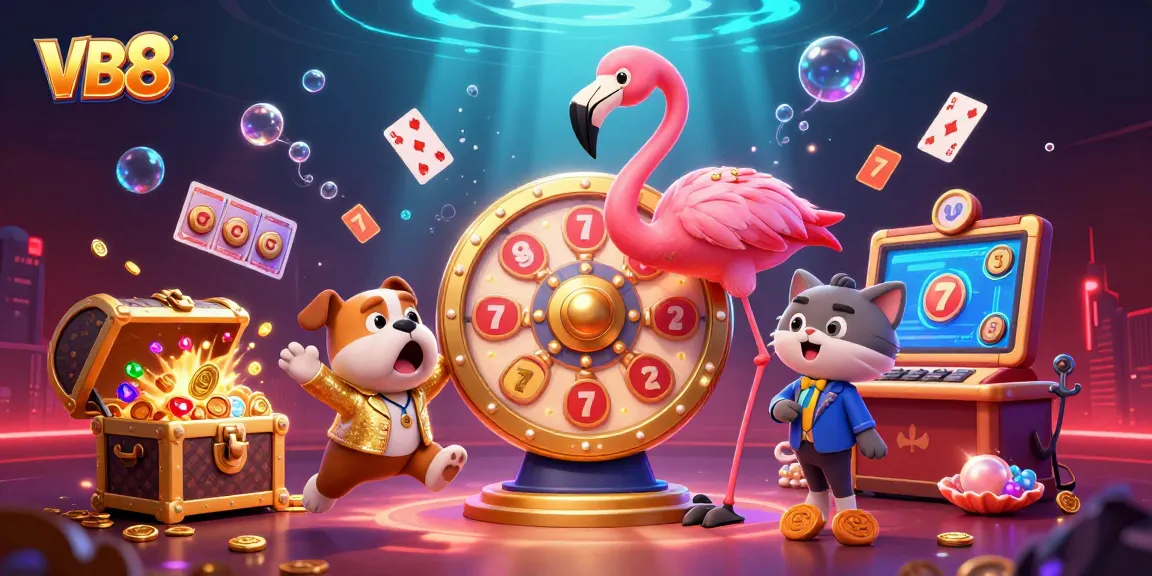 Experience the excitement of VB8 casino as the flamingo host spins the prize wheel and a bulldog contestant celebrates winnings.