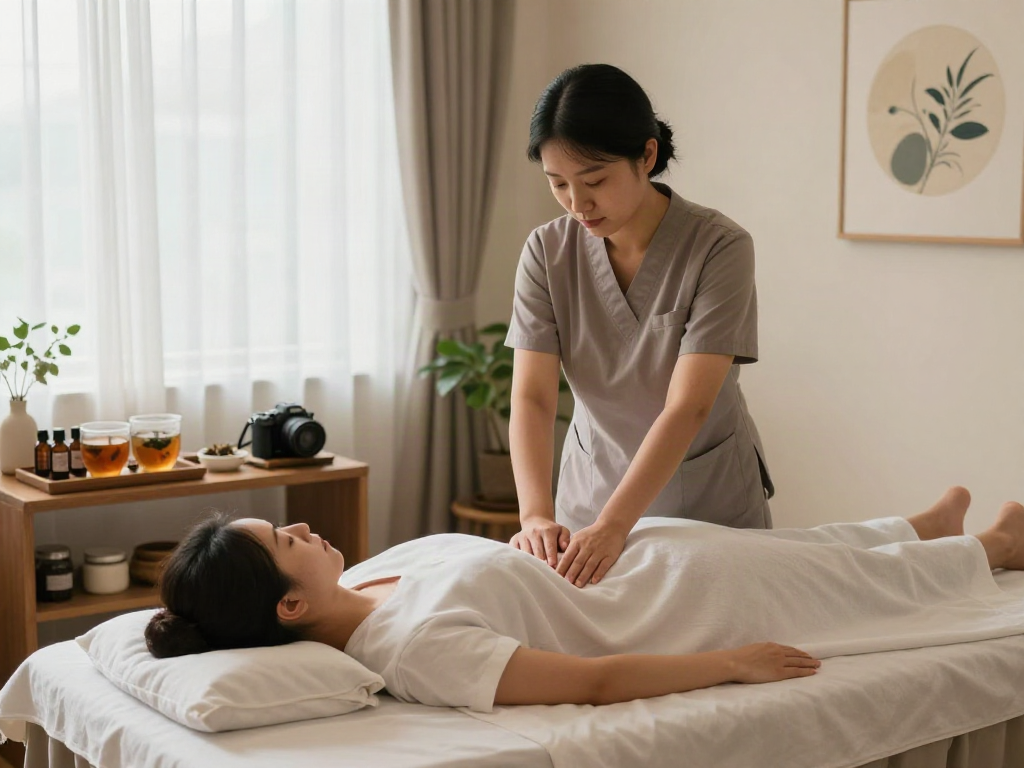 Relaxing 수원출장마사지 therapy session with essential oils and soft lighting at a wellness studio.