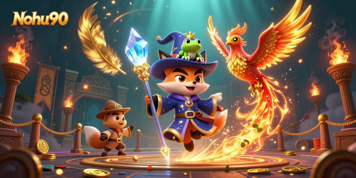 Nohu90 offers an exciting gaming experience with vibrant cartoon characters in a dynamic casino environment.