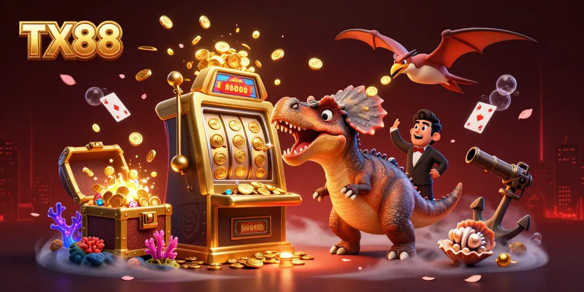 Catch jackpot coins with TX88 as a pachycephalosaurus headbutts a slot machine in this vibrant casino scene.