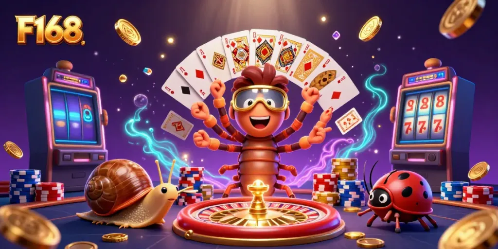 Experience thrilling gameplay at F168 with our vibrant casino illustration featuring dynamic characters and gaming elements.