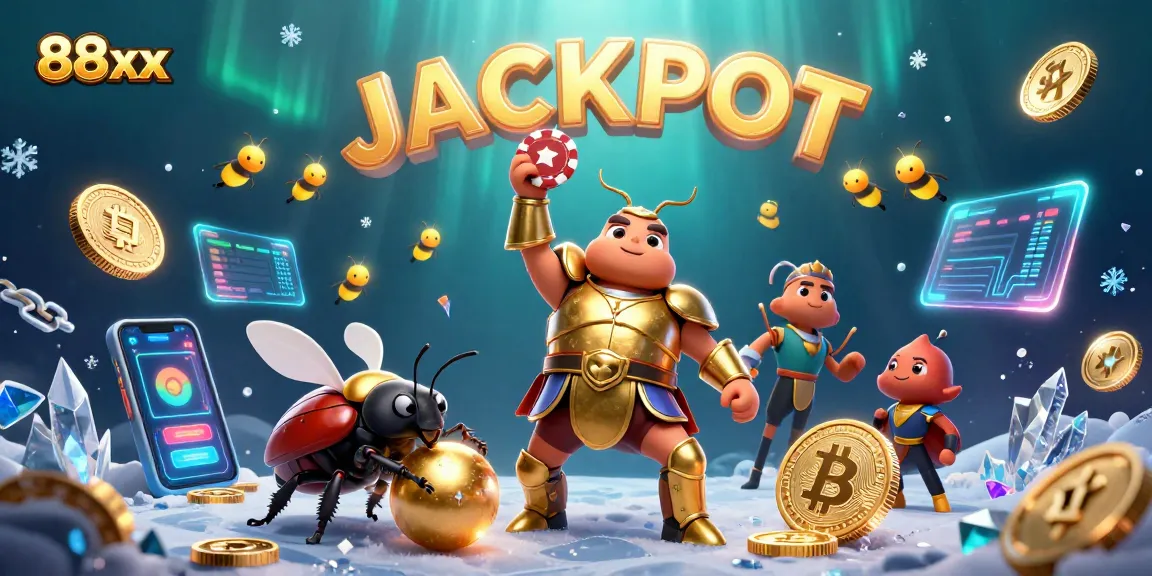 Experience excitement with 88xx as a hercules beetle lifts a poker chip, celebrating a victory with crypto elements.