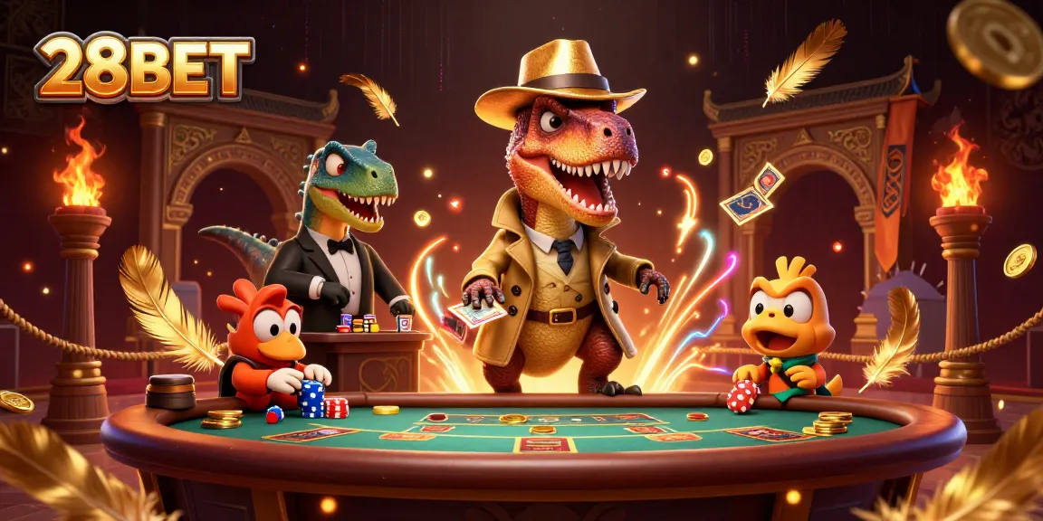 Witness 28BET's exciting blackjack scene with a velociraptor card counter, adding thrill to the game.