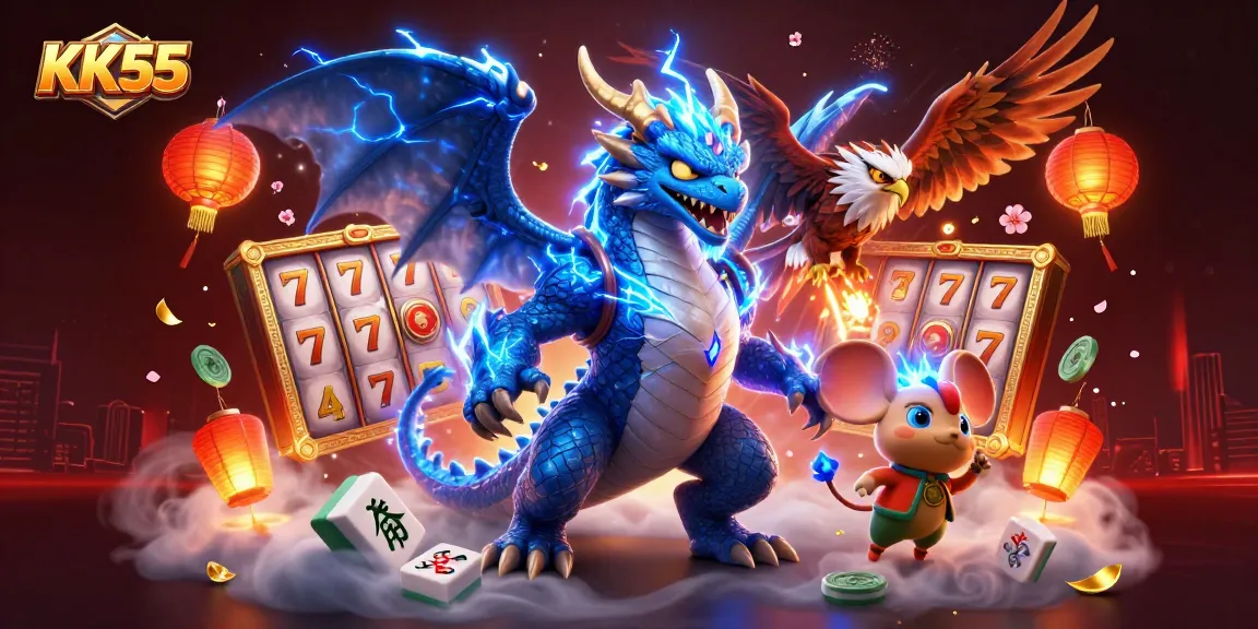 Engage in winning strategies with KK55's electrifying gaming world featuring dragons and slot elements.