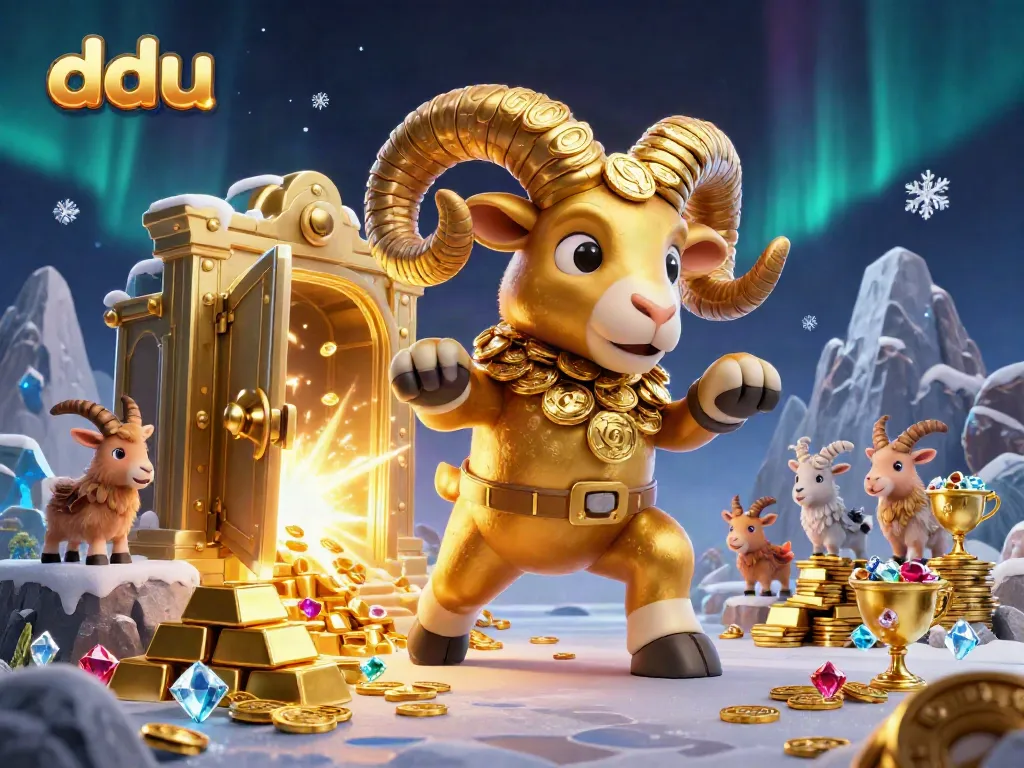 Experience the thrill of dduu with a dynamic 3D illustration featuring a golden ram charging through a treasure vault.