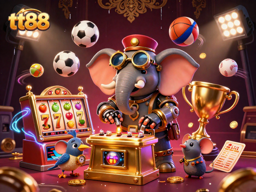 Experience the excitement of tt88 with a steampunk elephant on a golden slot machine surrounded by vibrant casino elements.