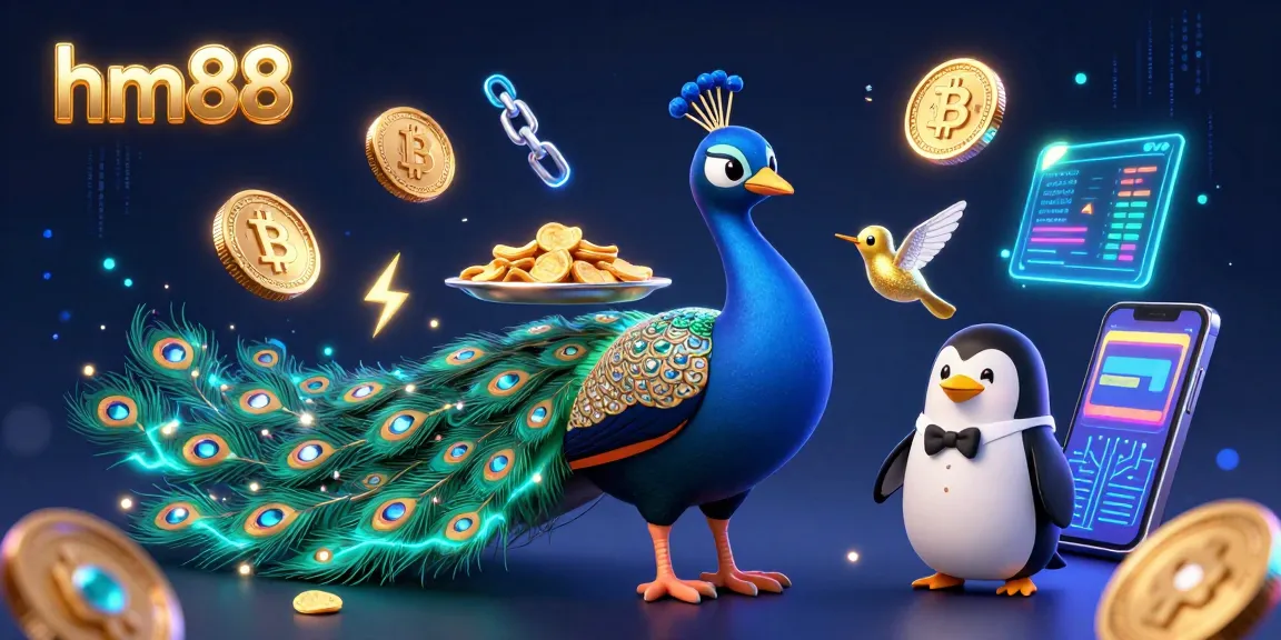 Join the adventure at hm88 with a dazzling peacock and penguin in a vibrant casino scene filled with cryptocurrency coins.