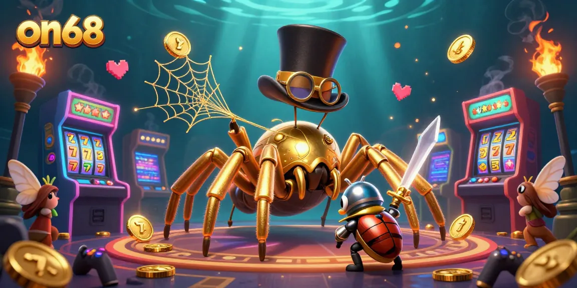 Join on68 as the golden tarantula spins luck with slots and arcade excitement in a vibrant casino scene.