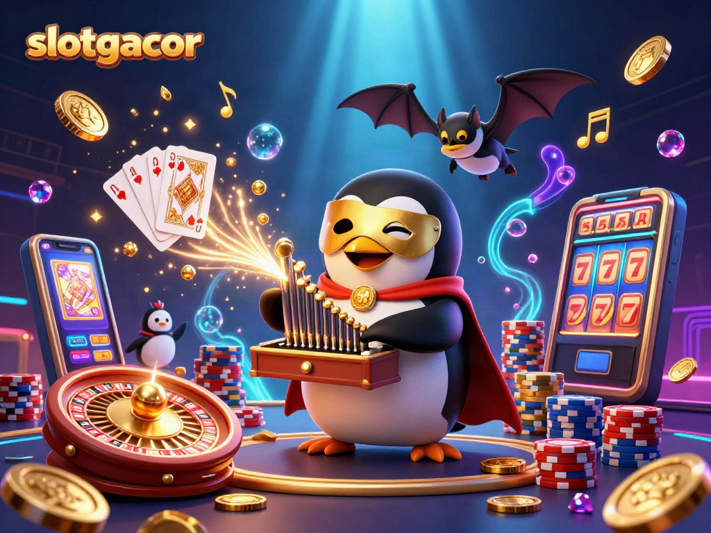 Experience the excitement of slotgacor with vibrant casino scenes featuring a penguin playing for jackpots.