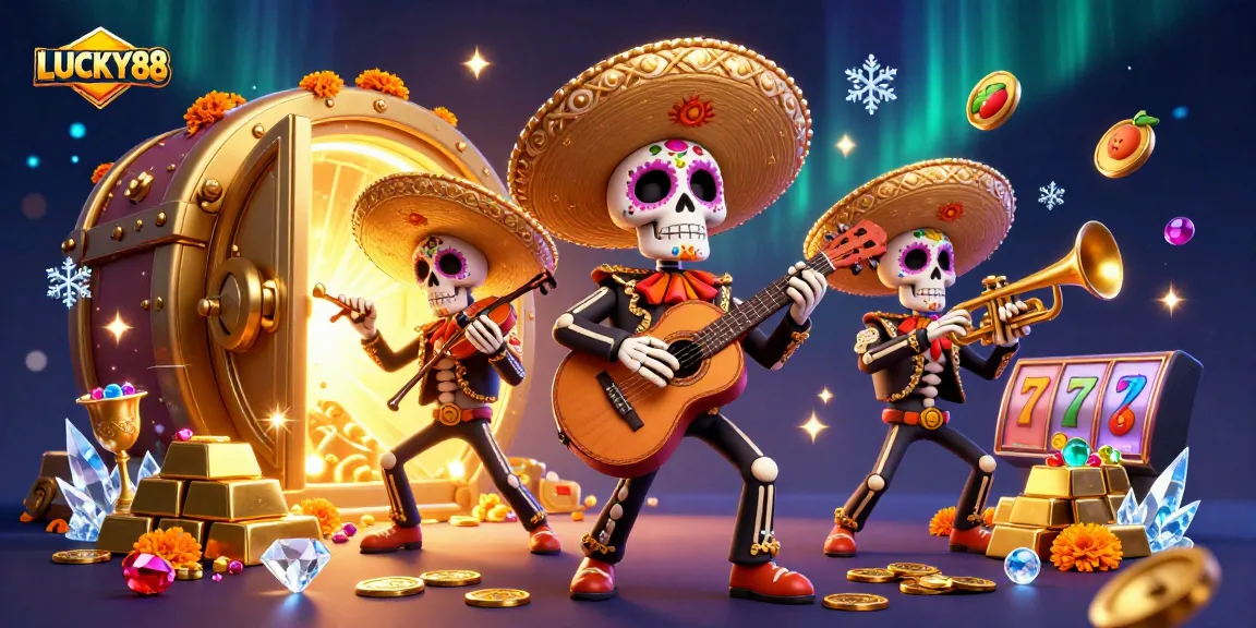 LUCKY88 illustrates vibrant mariachi band with casino-themed elements, showcasing dynamic gaming energy.
