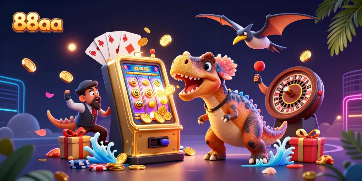 88aa slot scene with dinosaurs engaging in lively casino activities, depicting vibrant gaming elements.