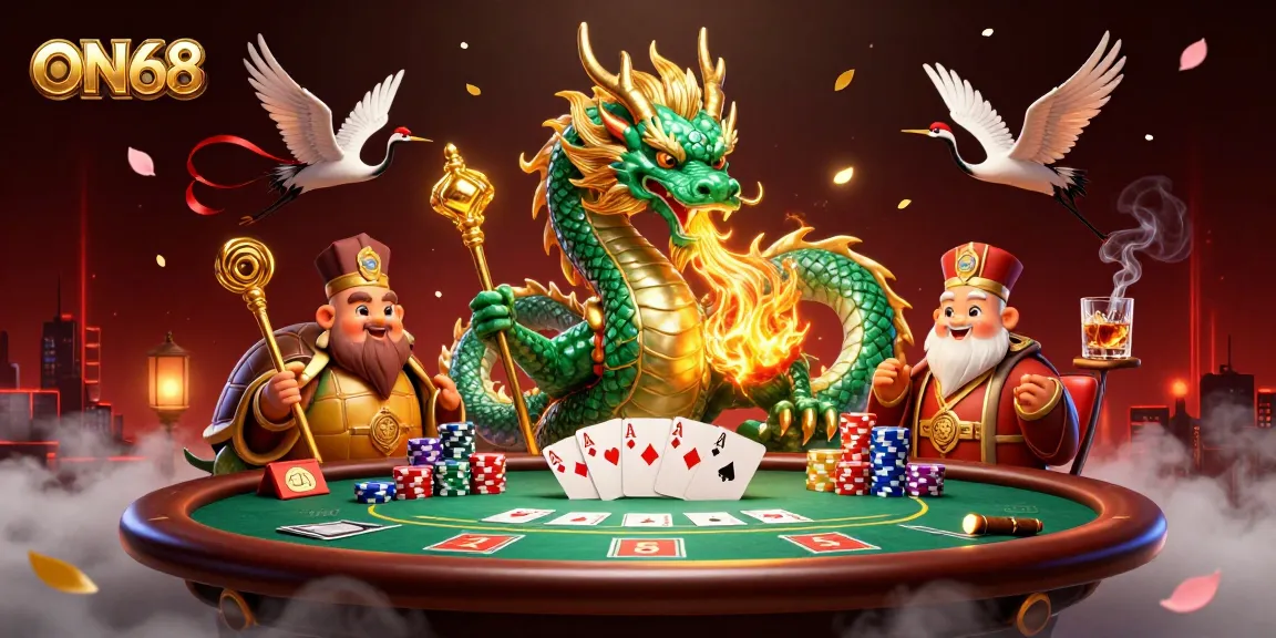 Experience the excitement of ON68 with a colorful 3D dragon and poker elements in a vibrant casino setting.