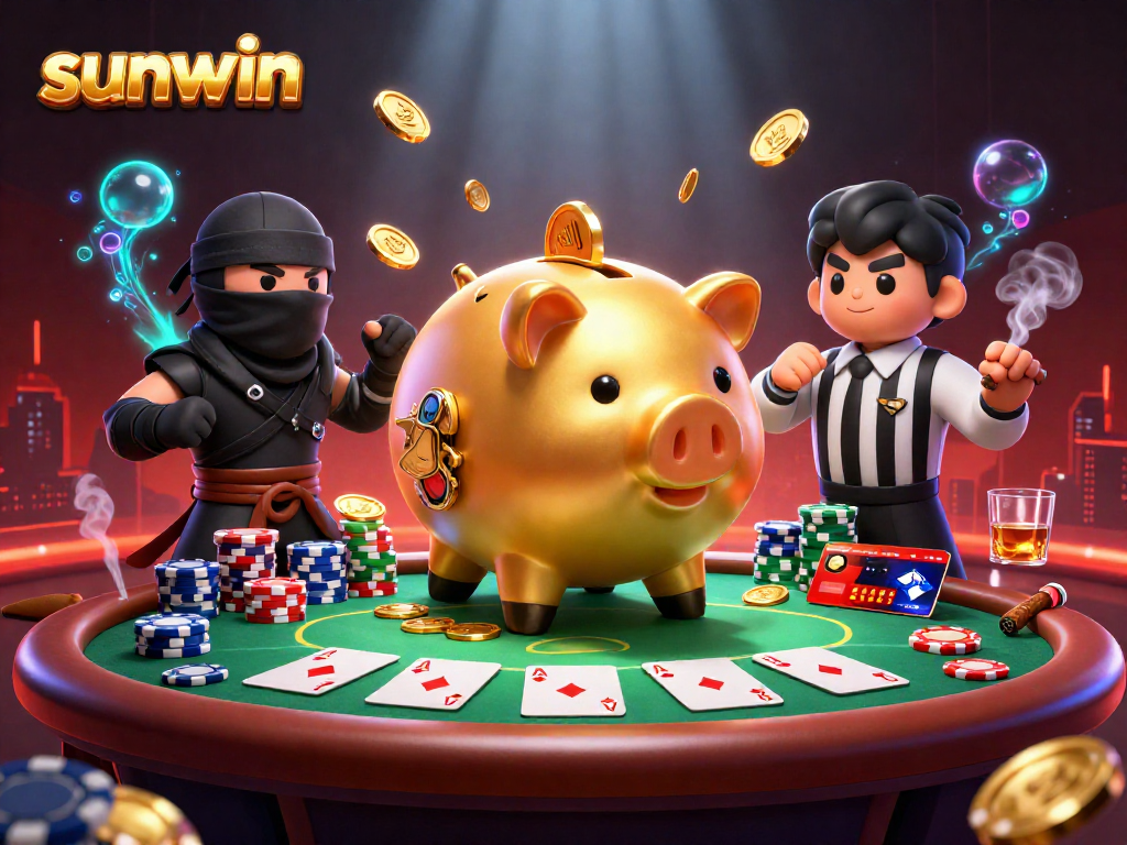 Engage in thrilling action at Sunwin's vibrant casino with golden piggy bank sumo wrestler and colorful poker elements.