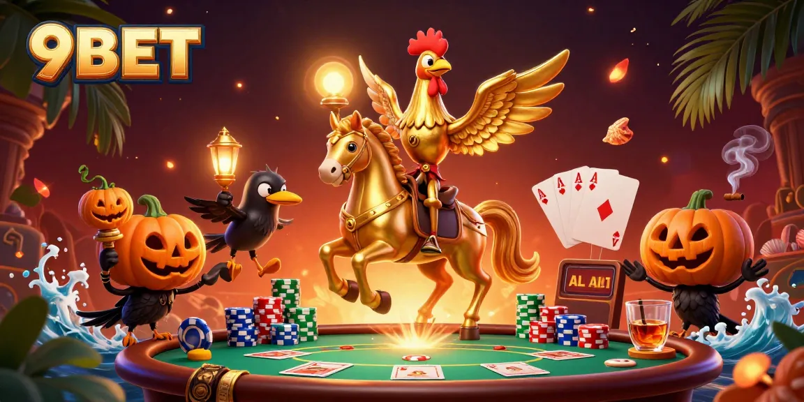 Experience the thrill of 9BET with a golden rooster and casino action in vibrant 3D.