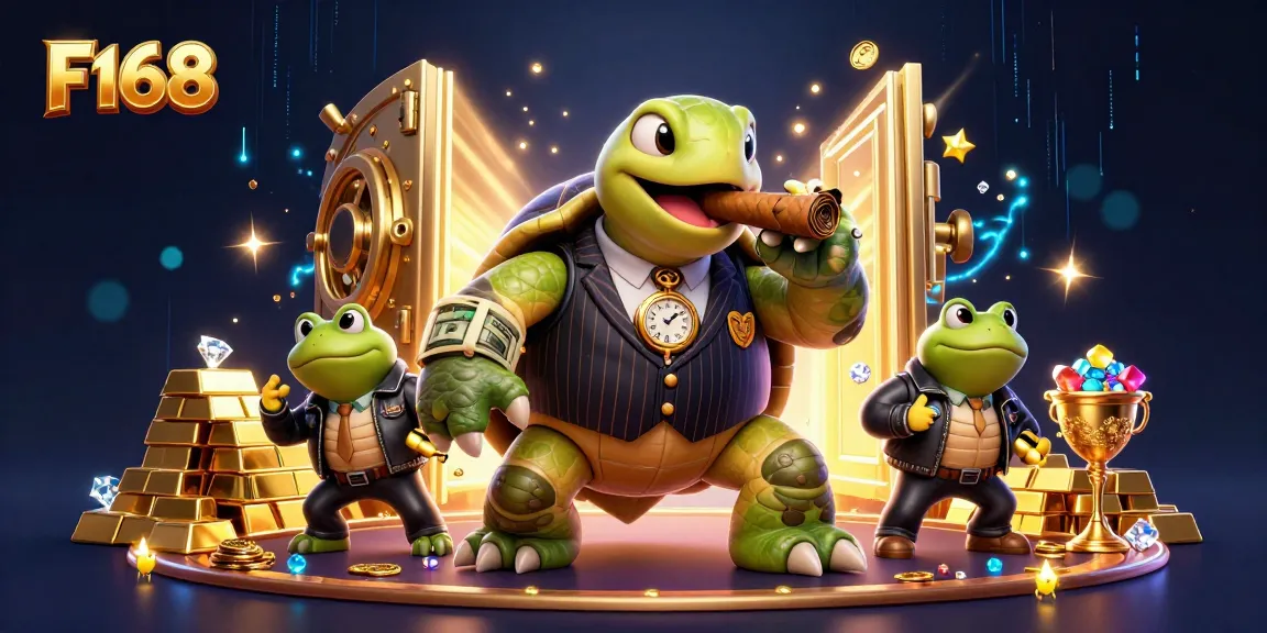 F168 casino scene featuring a mobster turtle and bullfrog enforcers surrounded by wealth and lights.