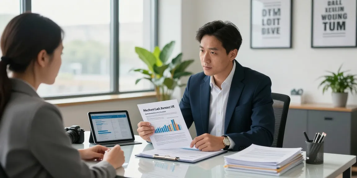 Client discussing merchant cash advance uk options with financial advisor in a modern office.
