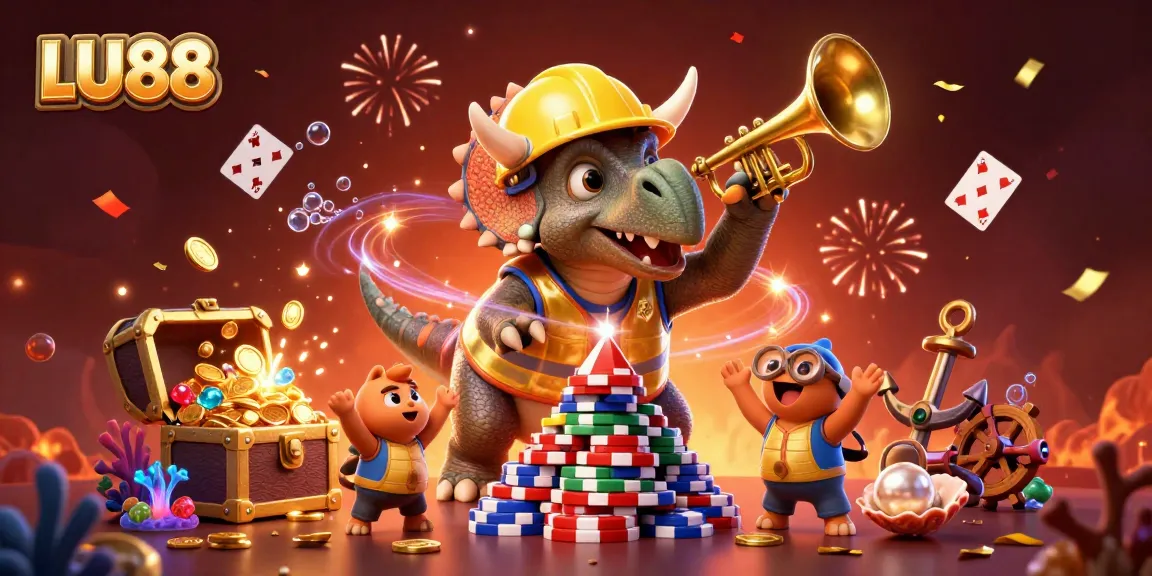 LU88 welcomes players with a thrilling 3D carnival of joyful dinosaurs and casino elements.