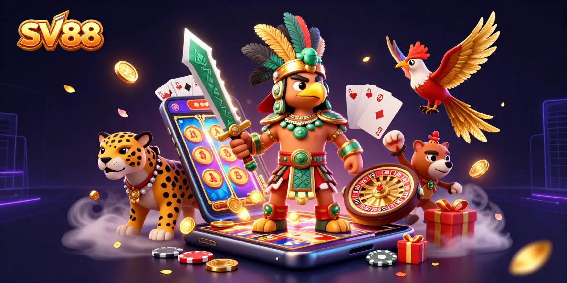Experience SV88 by engaging with thrilling slot games and vibrant characters in a captivating casino illustration.