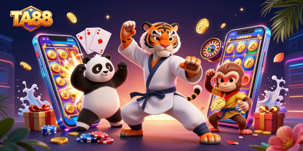 Engage in thrilling casino fun with TA88 as kung fu masters play amidst vibrant gaming elements.