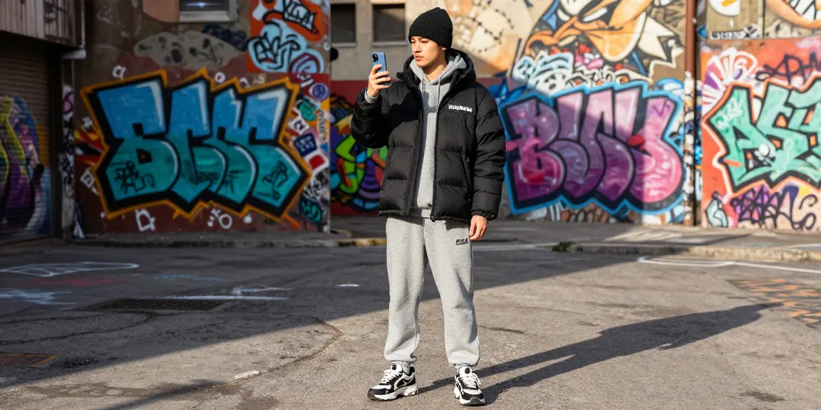 Individuo alla moda che mostra la moda urbana Trapstar in un vicolo pieno di graffiti.