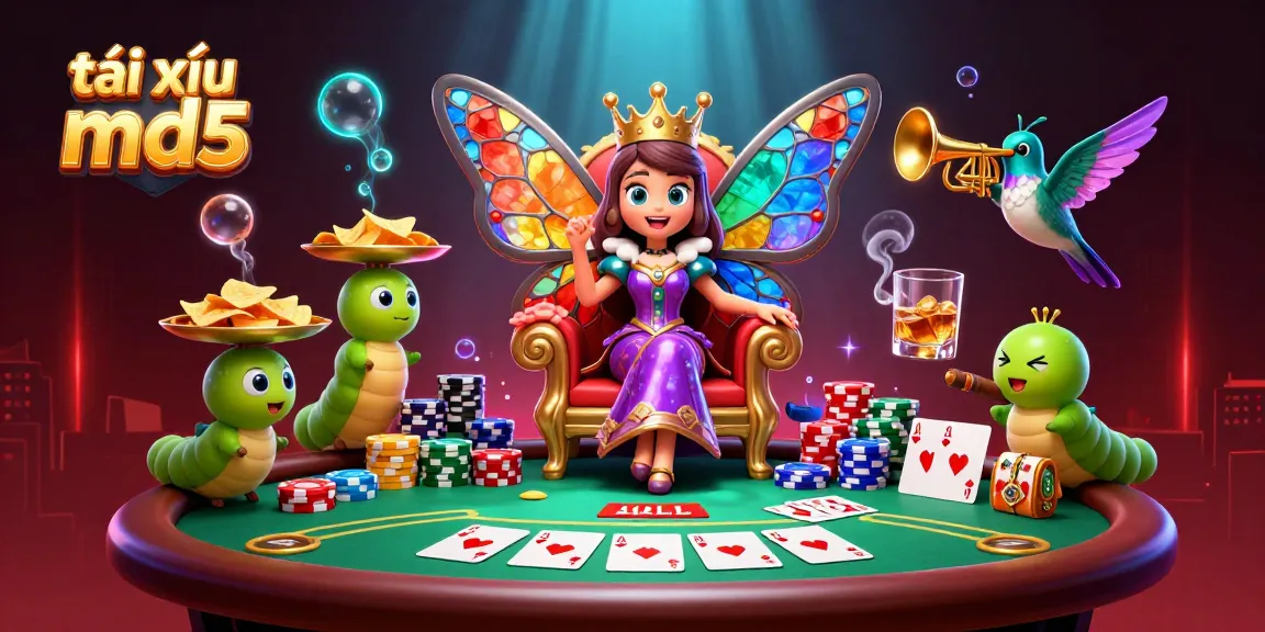 Experience the vibrant world of tài xỉu md5 with a dynamic 3D casino illustration featuring a butterfly queen, poker elements, and rich details.