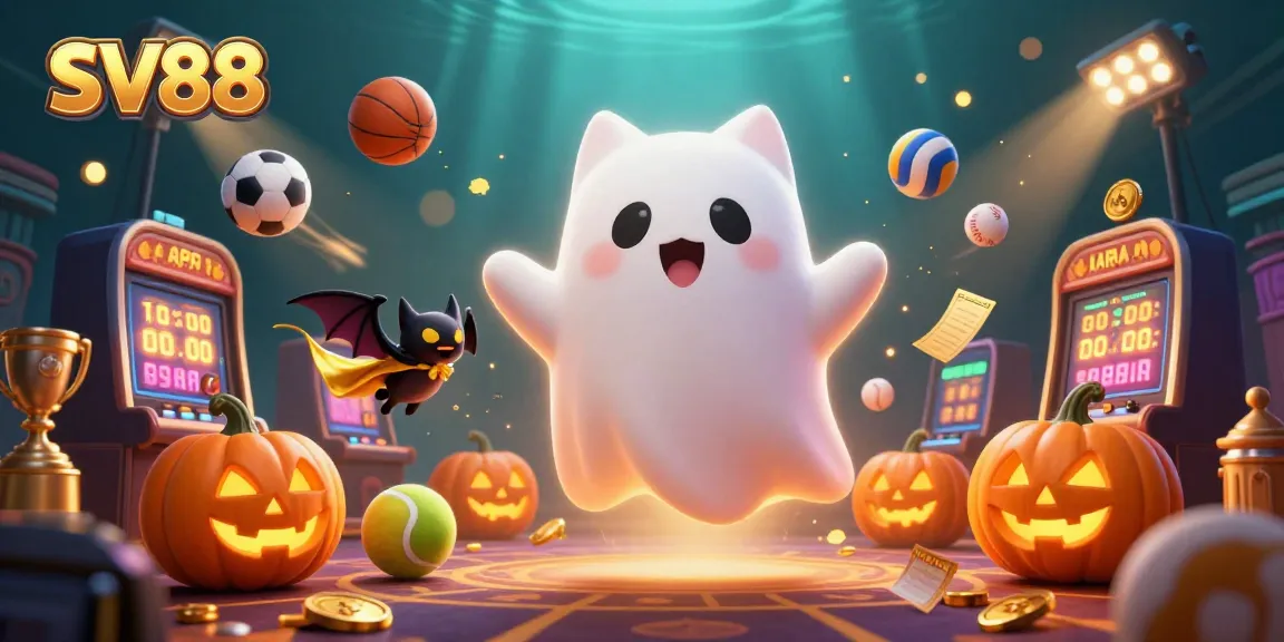 SV88 players enjoy a thrilling adventure with a friendly ghost cat in a haunted casino.