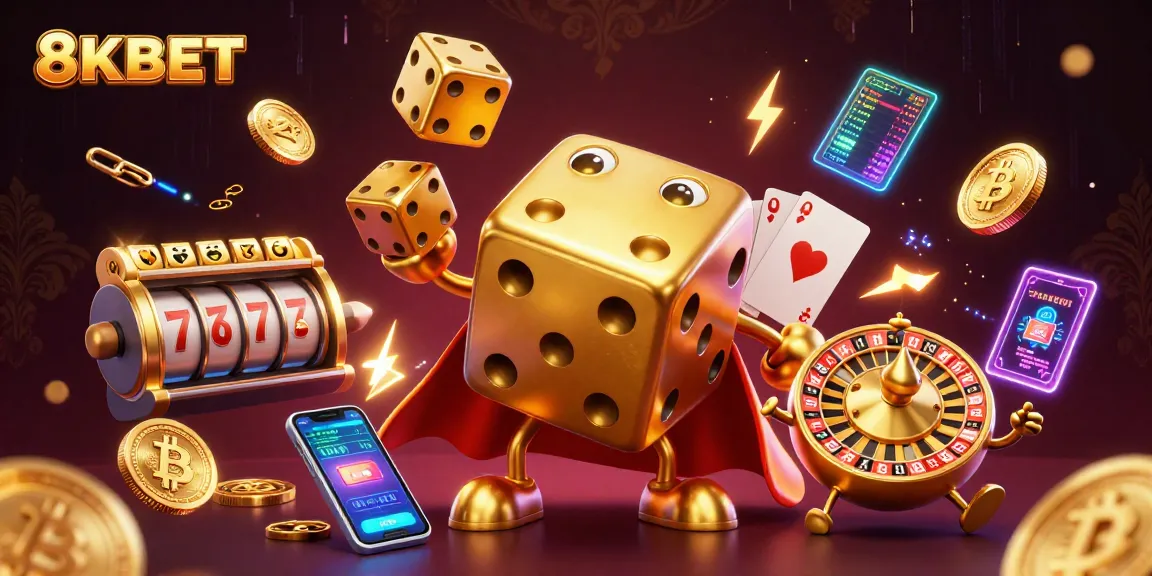 Experience thrilling gameplay with 8KBET through a vibrant 3D casino illustration showcasing golden dice and slot elements.