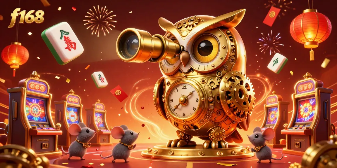 Play thrilling slots at F168 as the majestic owl oversees casino action with vibrant festive elements.