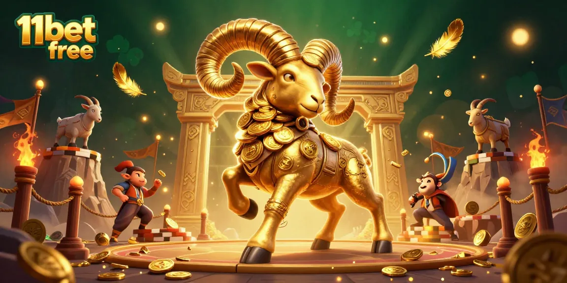 Experience the thrill of the 11bet free casino with a charging ram amidst coins and epic gambling elements.