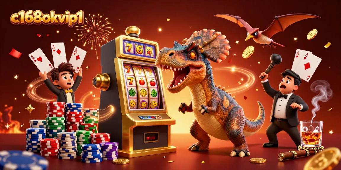 Engaging scene featuring c168okvip1 with a dinosaur headbutting a jackpot slot machine amid flying coins.