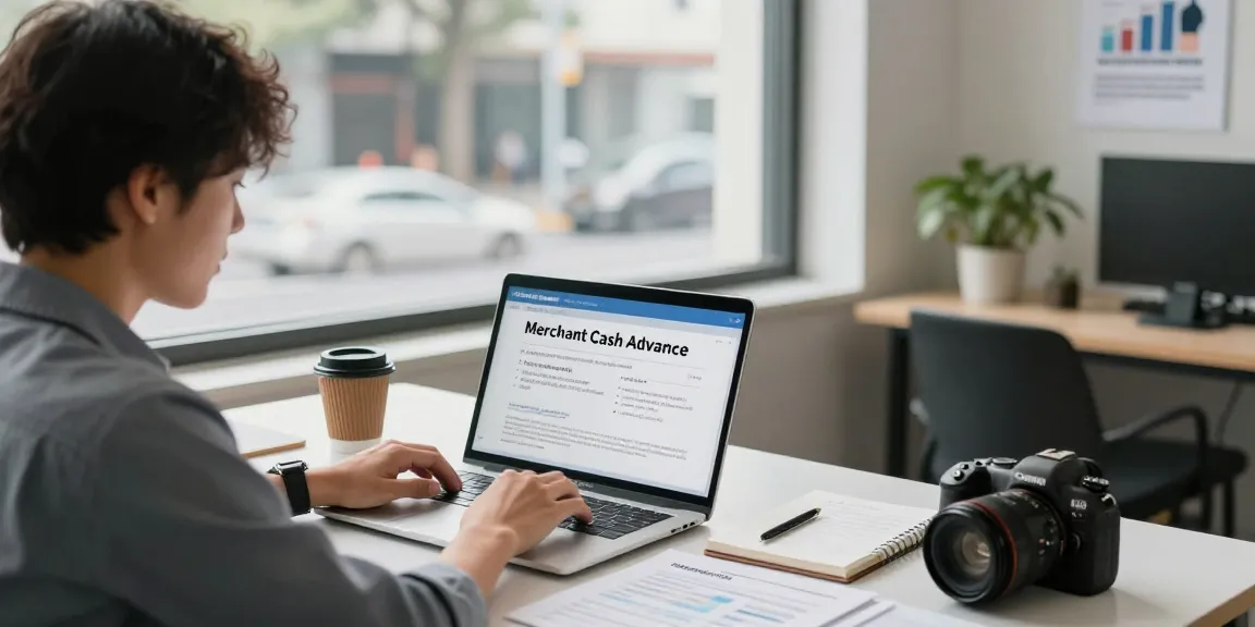 Business owner applying for merchant cash advance using laptop amid documents and financial resources in a bright office.
