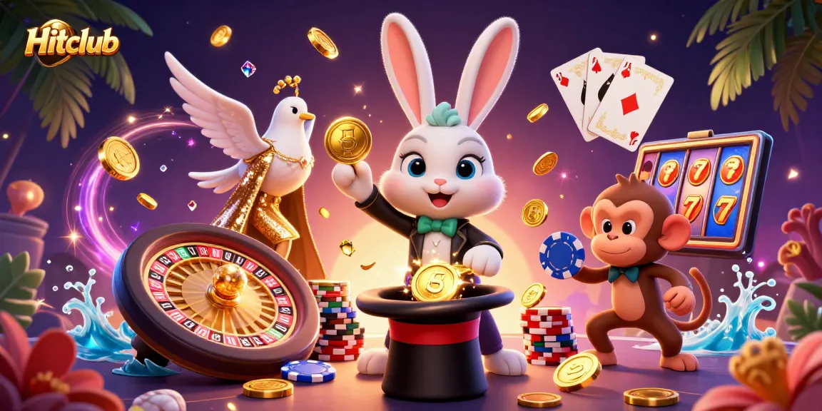 Experience thrilling gaming at Hitclub with a 3D magician rabbit pulling golden coins and lively casino elements.